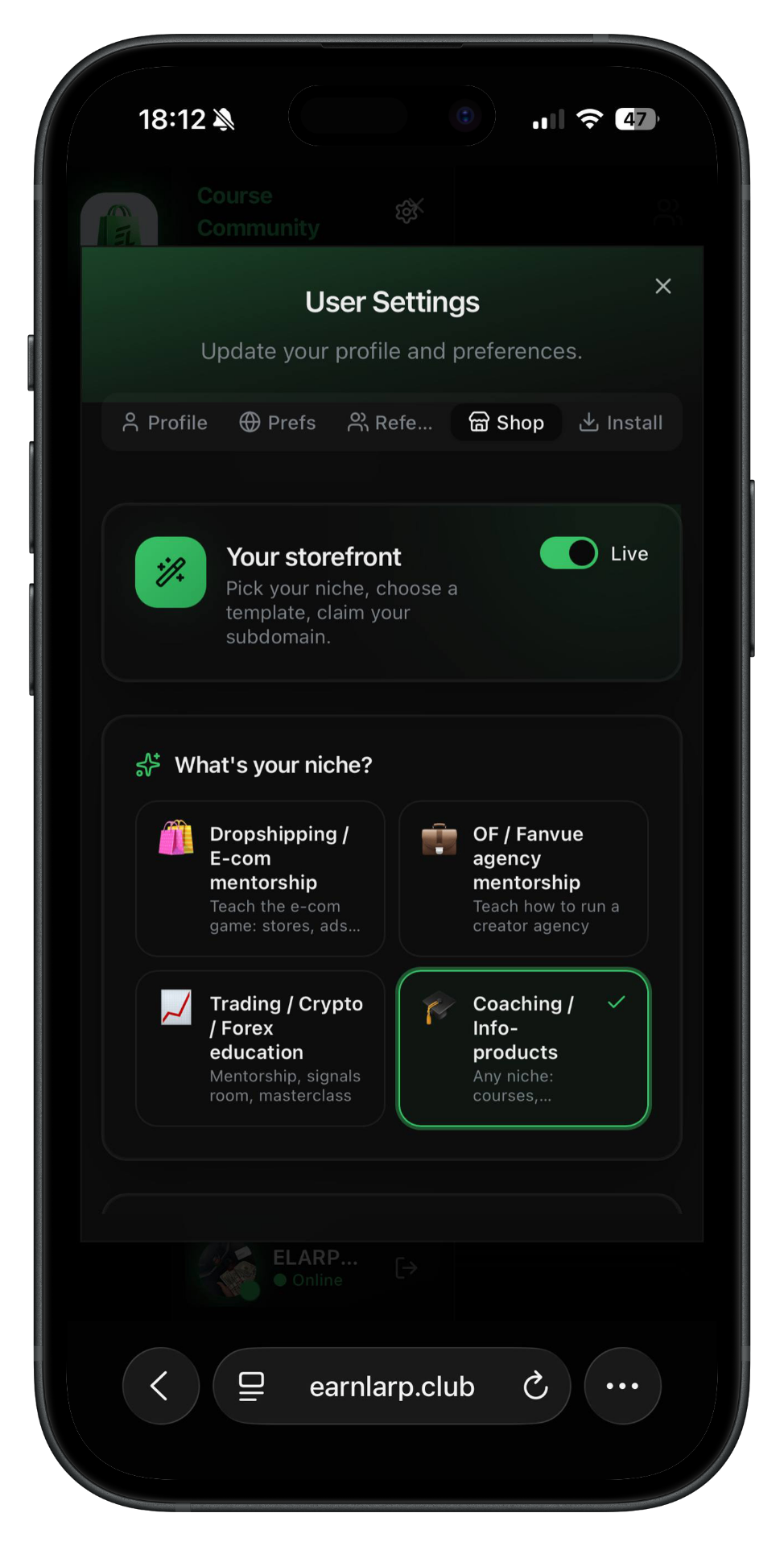 Earn Larp dashboard