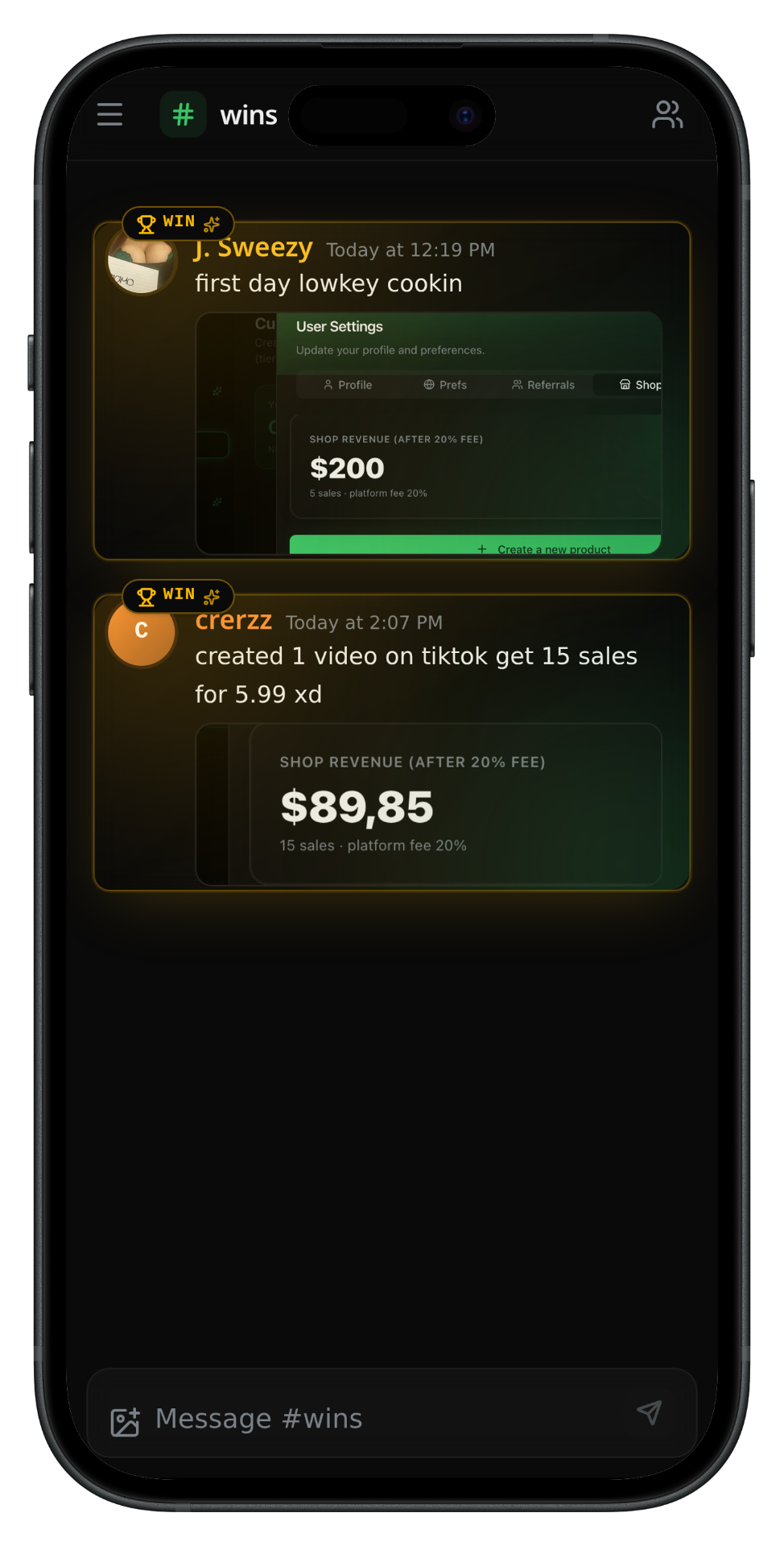 Wins channel showing creator revenue